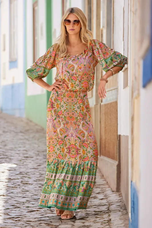 Boho Beach Club Print Maxi Skirt Pink/Teal sold by Boston Proper