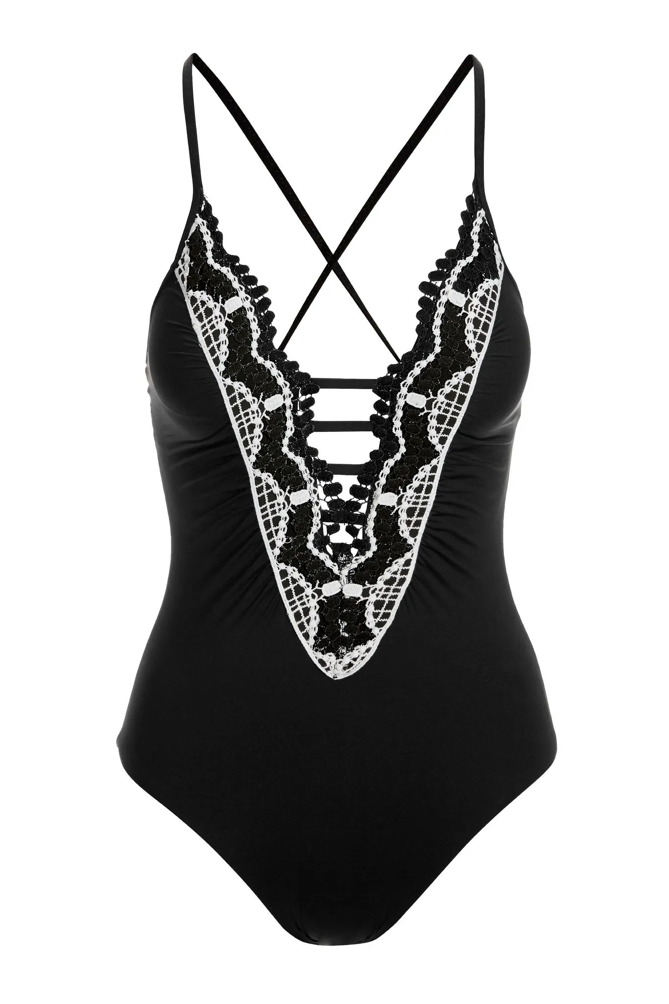 Lace Plunge One Piece Swimsuit Black/White sold by Boston Proper product image thumbnail 2