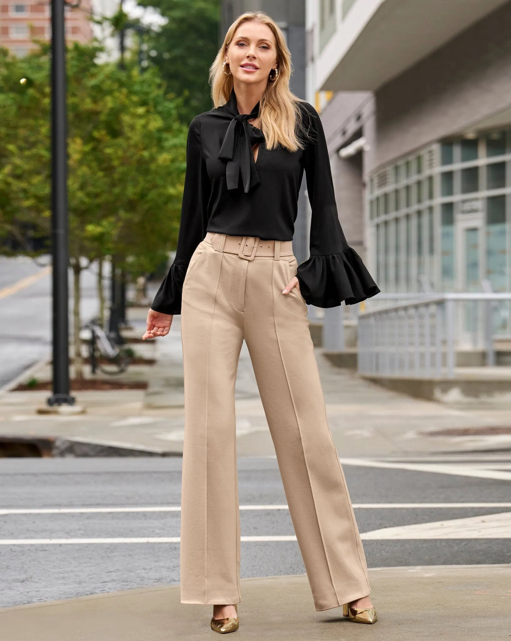 Malibu Belted Ponte High Waist Wide Leg Trouser Pant Sesame sold by Boston Proper