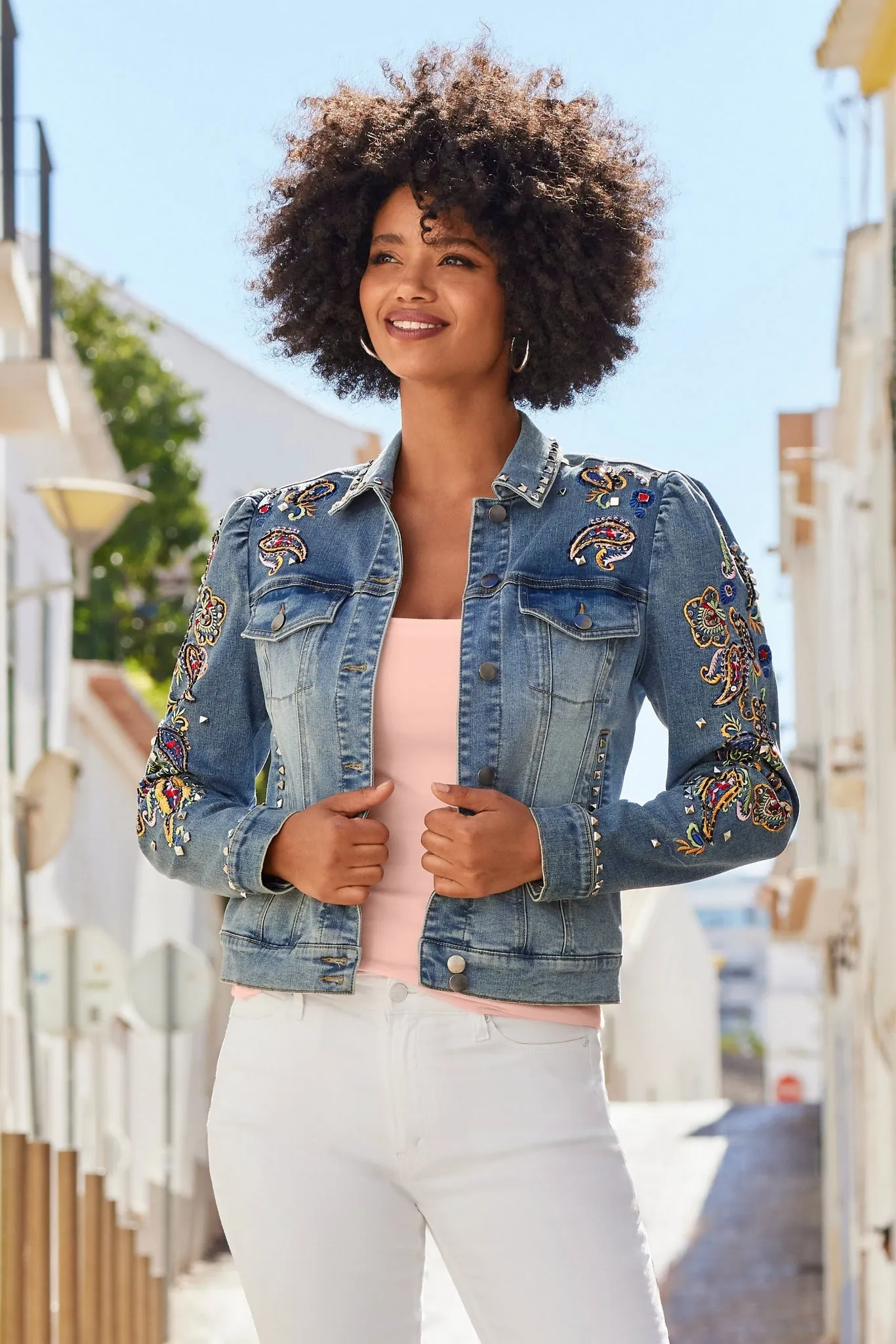 Paisley Embroidered And Embellished Puff Sleeve Denim Jacket Light Wash sold by Boston Proper