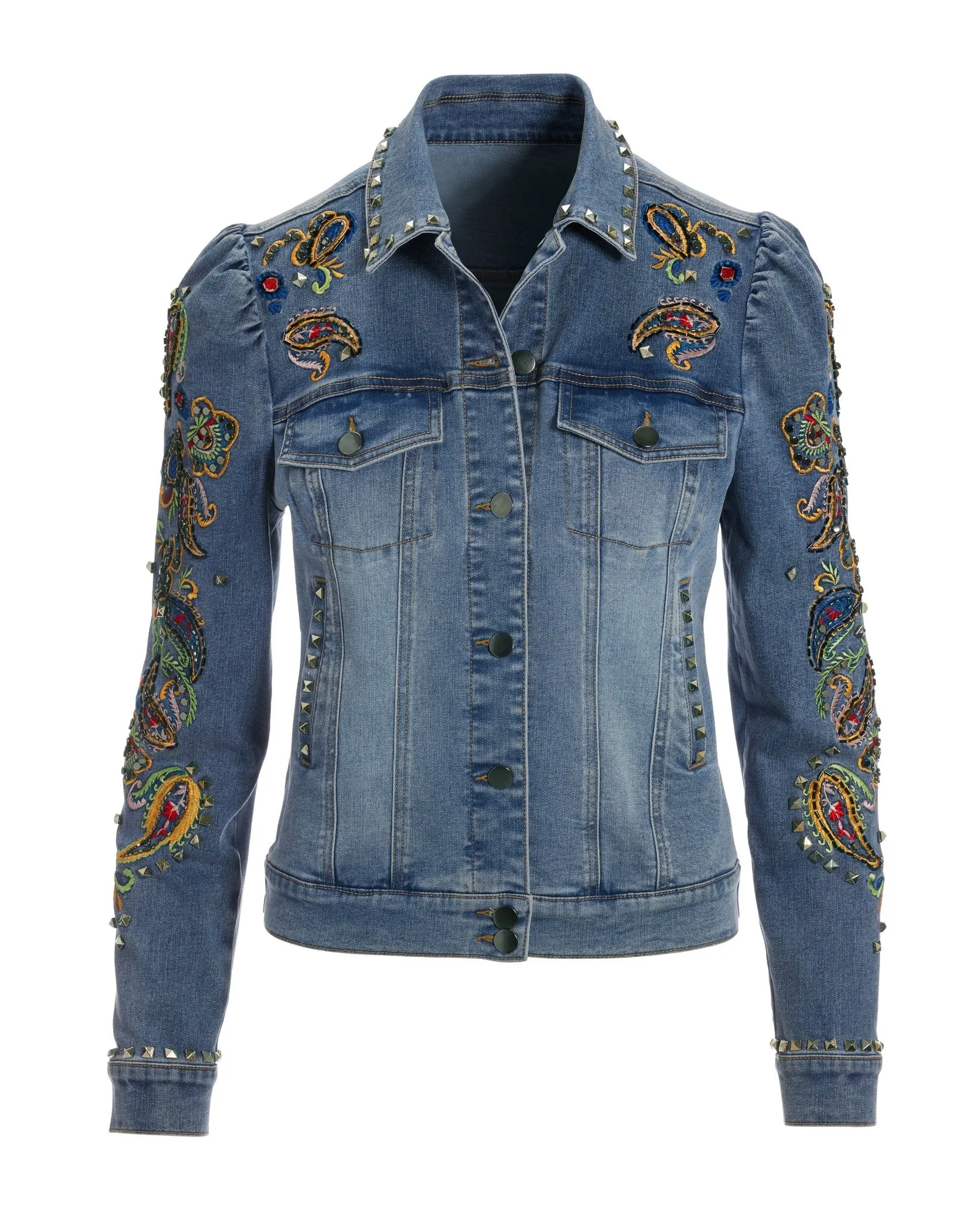 Paisley Embroidered And Embellished Puff Sleeve Denim Jacket Light Wash sold by Boston Proper product image thumbnail 2