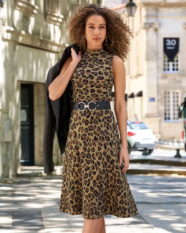 Knitted Cheetah Mock Neck Sweater dress Neutral/Black sold by Boston Proper