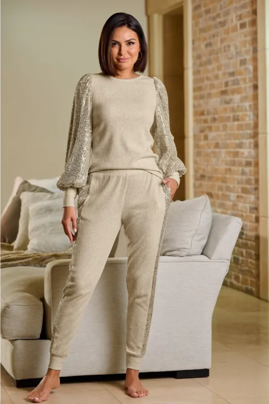 So Soft Sequin Balloon-Sleeve Knit Lounge Set Oatmeal sold by Boston Proper