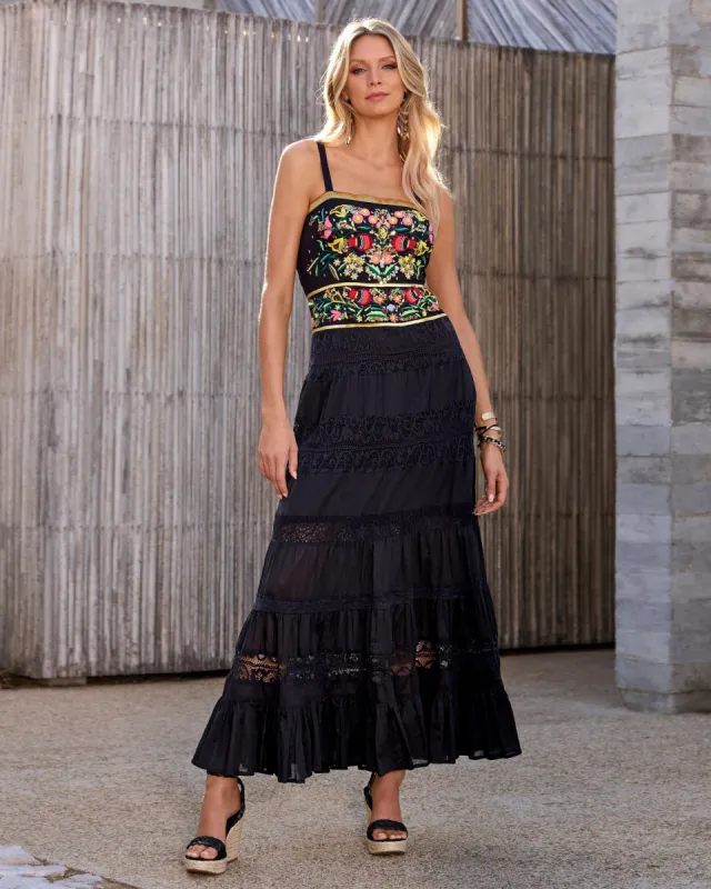 Sequin And Embroidered Lace Inset Maxi Dress Black Multi sold by Boston Proper