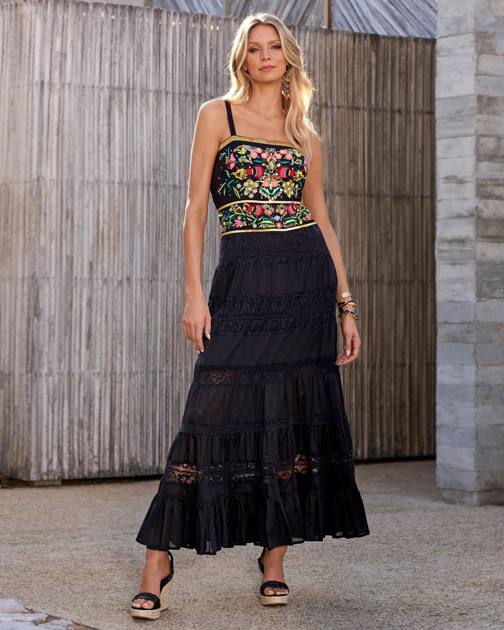 Sequin And Embroidered Lace Inset Maxi Dress Black Multi sold by Boston Proper