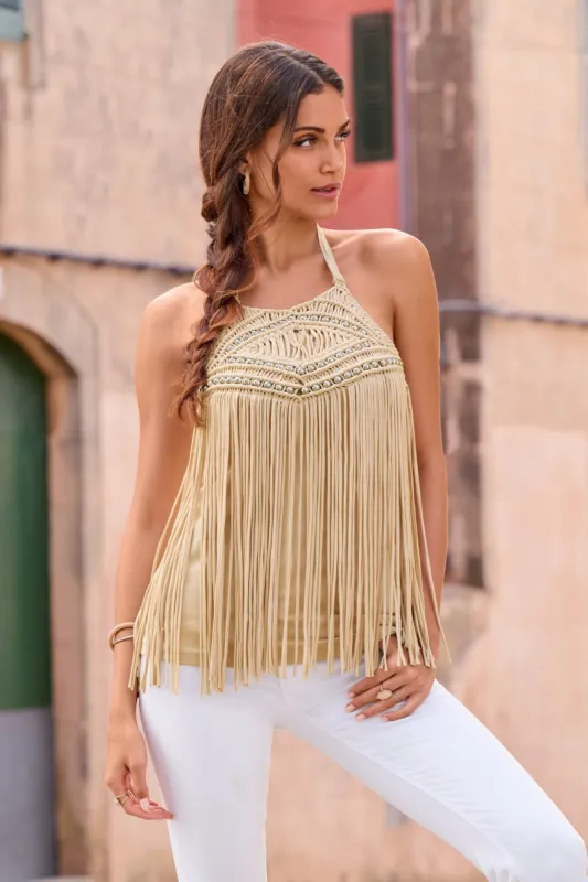 Beaded Macrame Knit Top Tan sold by Boston Proper