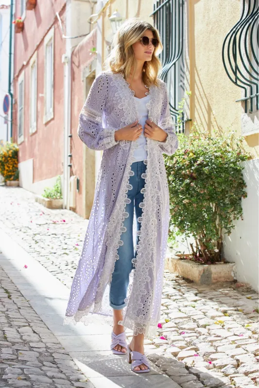 Eyelet Lace Inset Mixed Media Duster Lavender Ice sold by Boston Proper