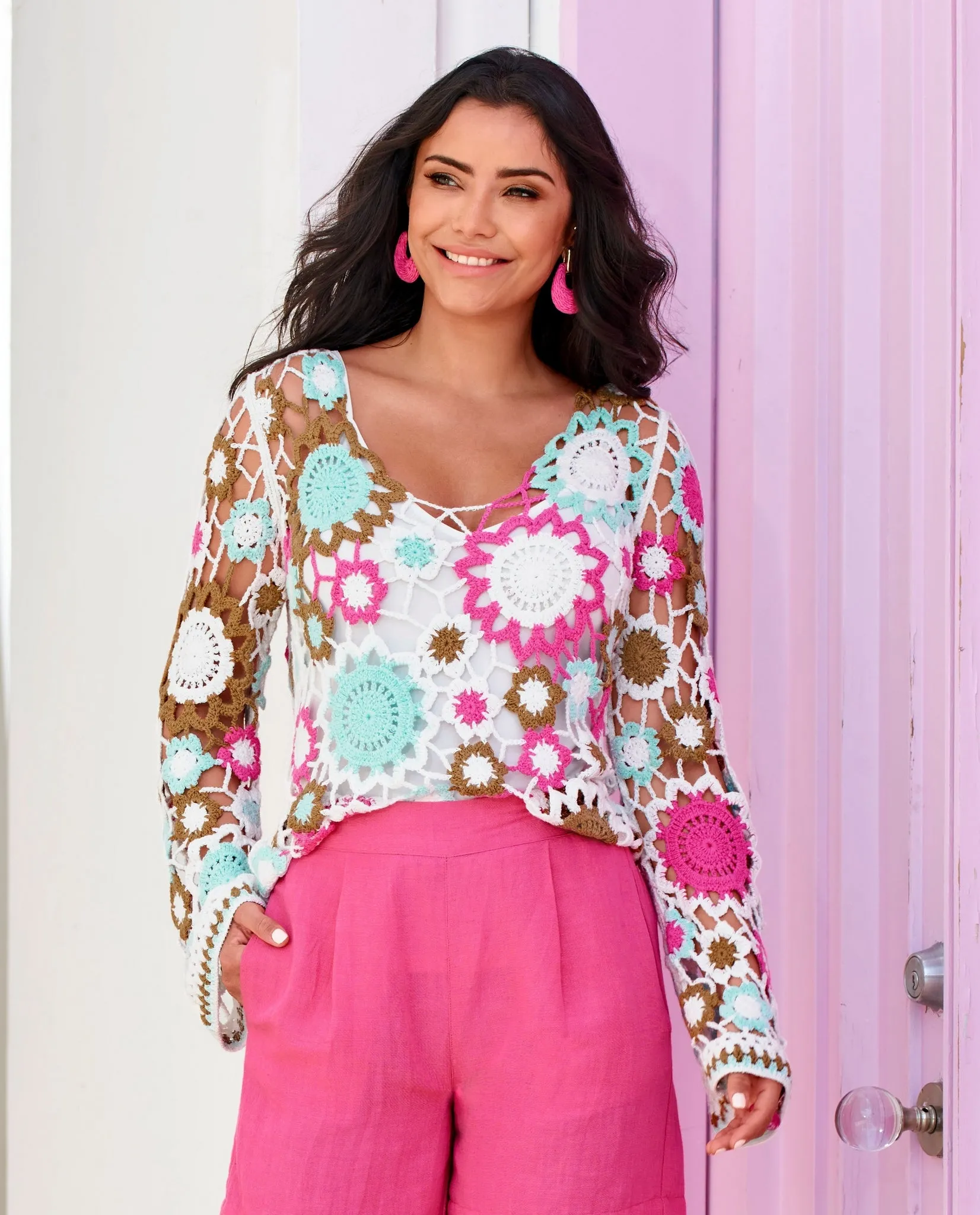 Crochet Flare Sleeve Pullover Multi sold by Boston Proper