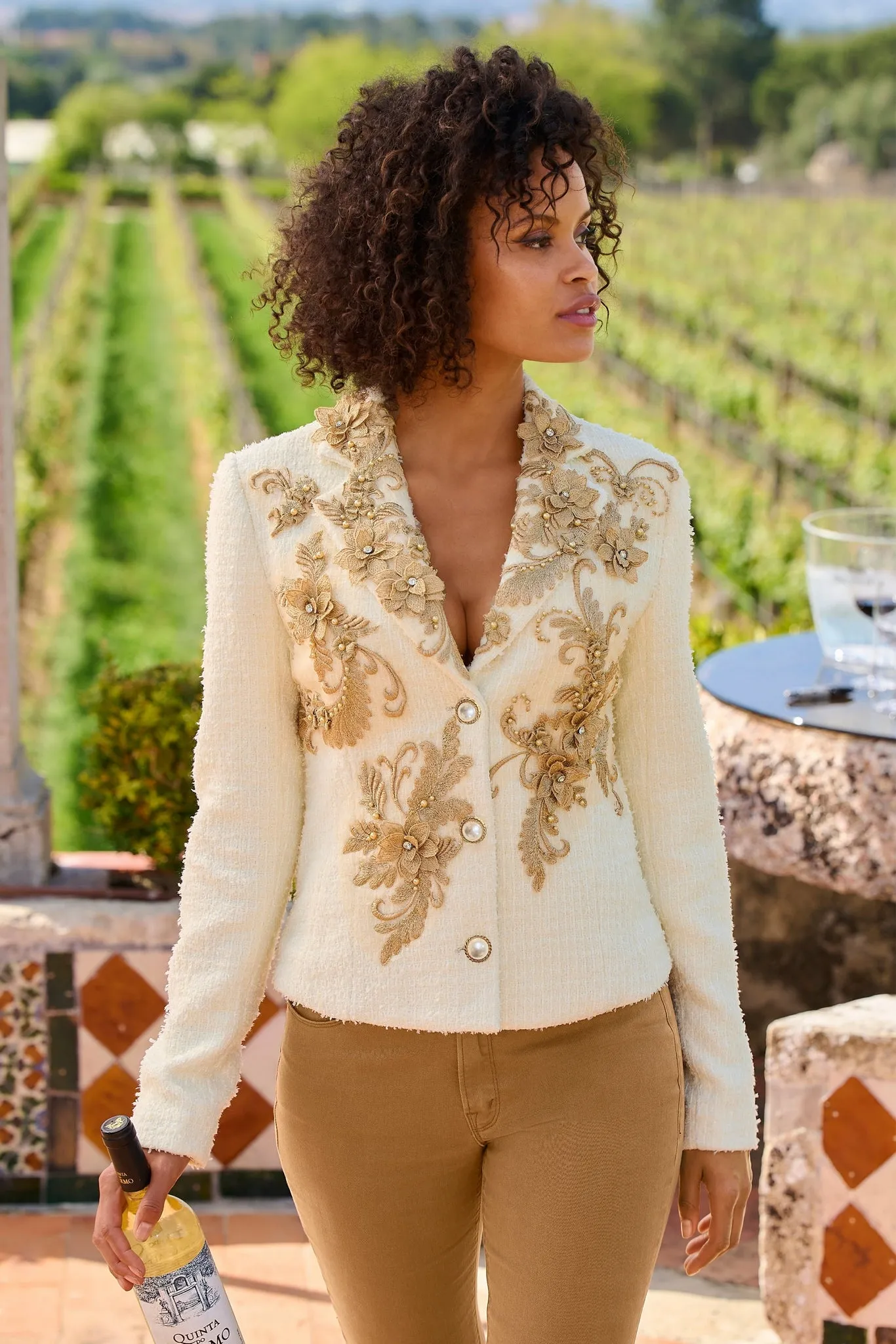 Metallic Floral Appliqu Tweed Parisian Jacket Off White/Gold sold by Boston Proper