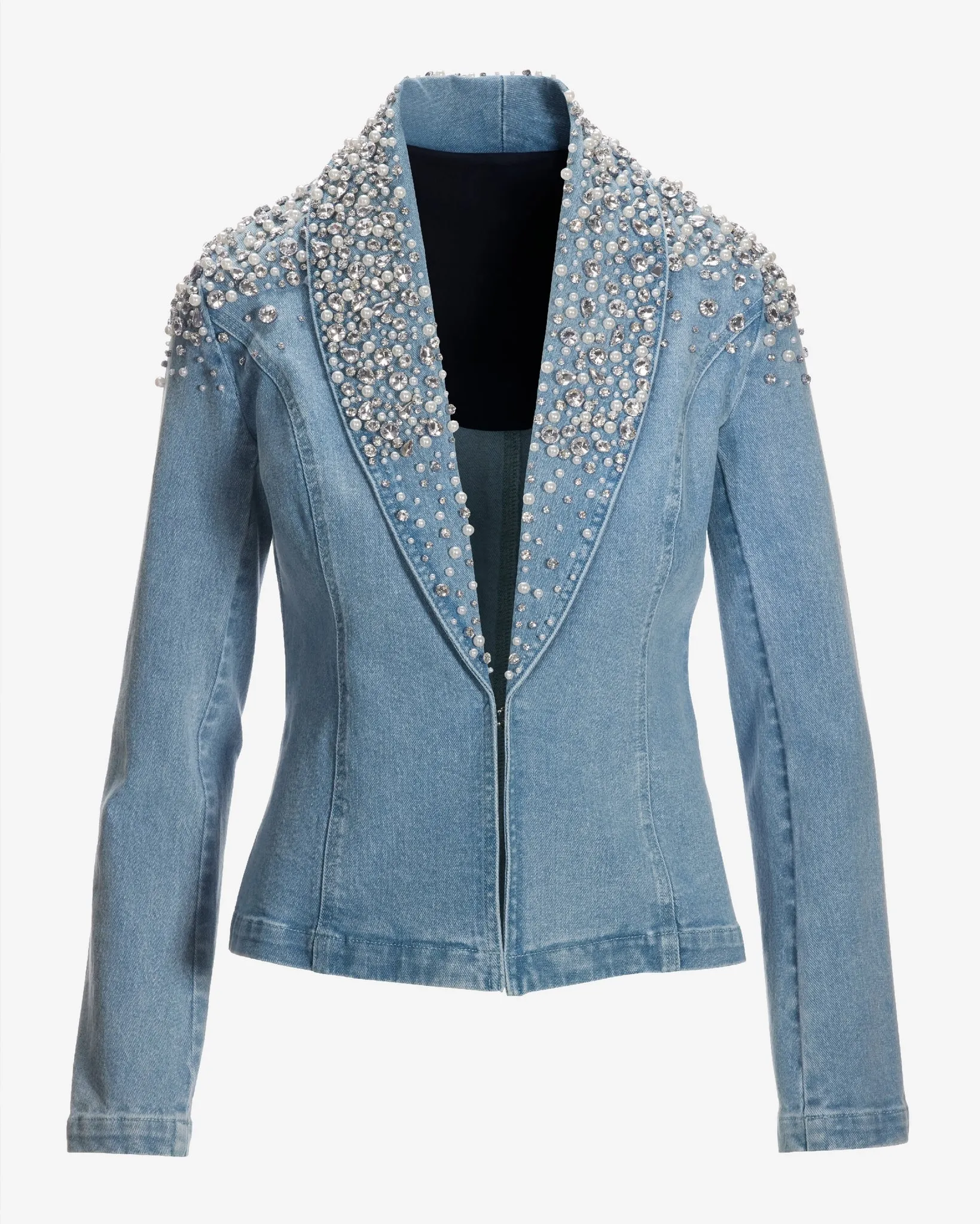 Pearl Embellished Denim Shawl Collar Jacket Light Wash | Parallel