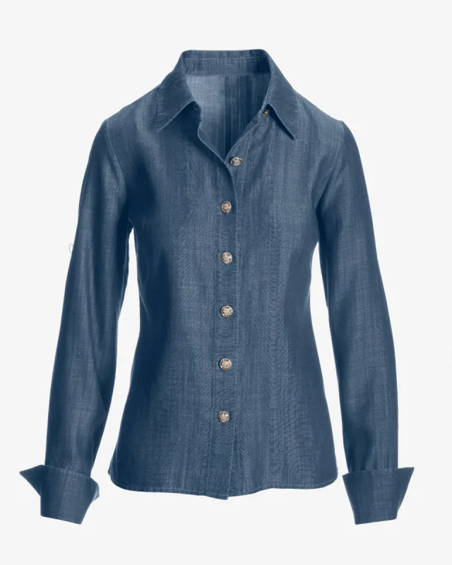 Sophia Button Up Denim Blouse Dark Rinse sold by Boston Proper