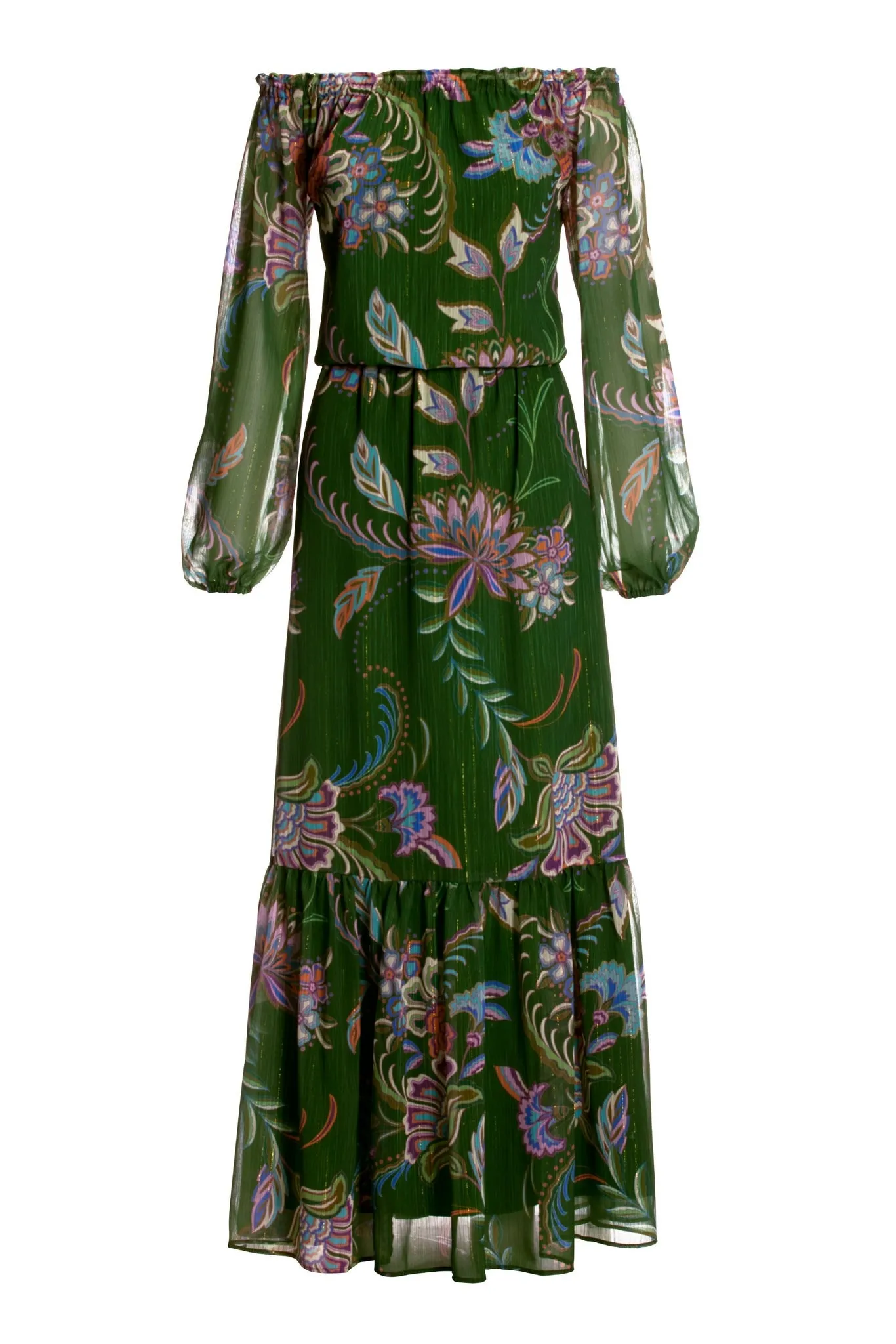 Off The Shoulder Scrolling Fleurs Tiered Maxi Dress Green sold by Boston Proper product image thumbnail 2