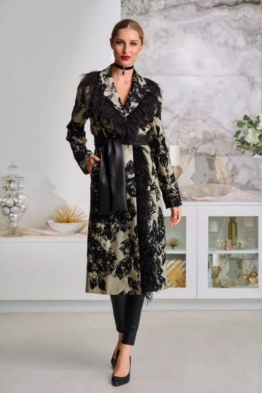 Faux-Feather Trim Jacquard Statement Coat Black Multi sold by Boston Proper