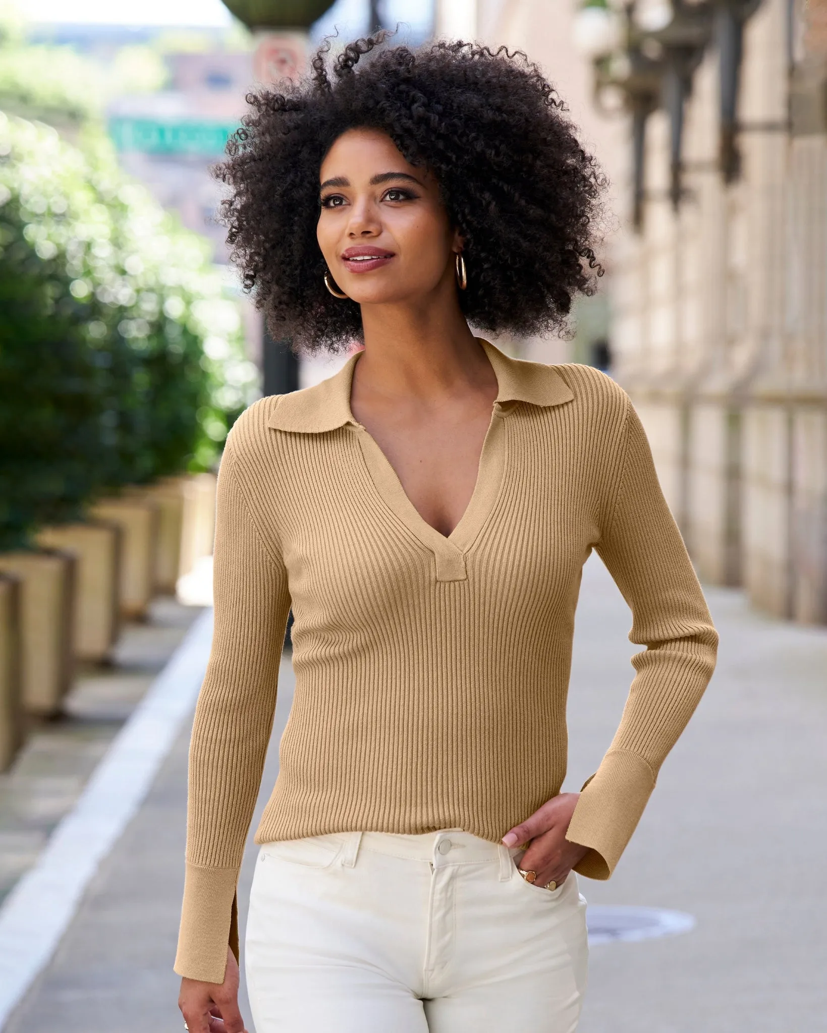 Ribbed Collar Sweater Sesame sold by Boston Proper