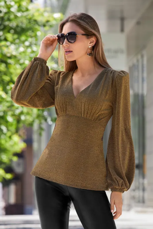 Shimmer Puff Sleeve Plunge Top Copper sold by Boston Proper