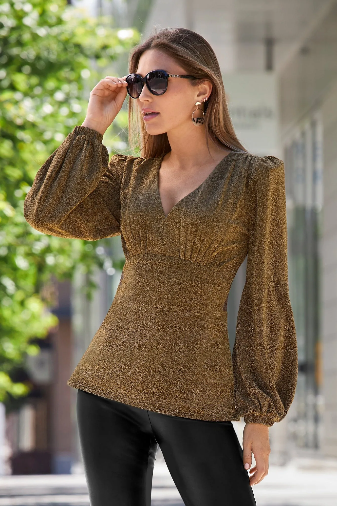 Shimmer Puff Sleeve Plunge Top Copper sold by Boston Proper