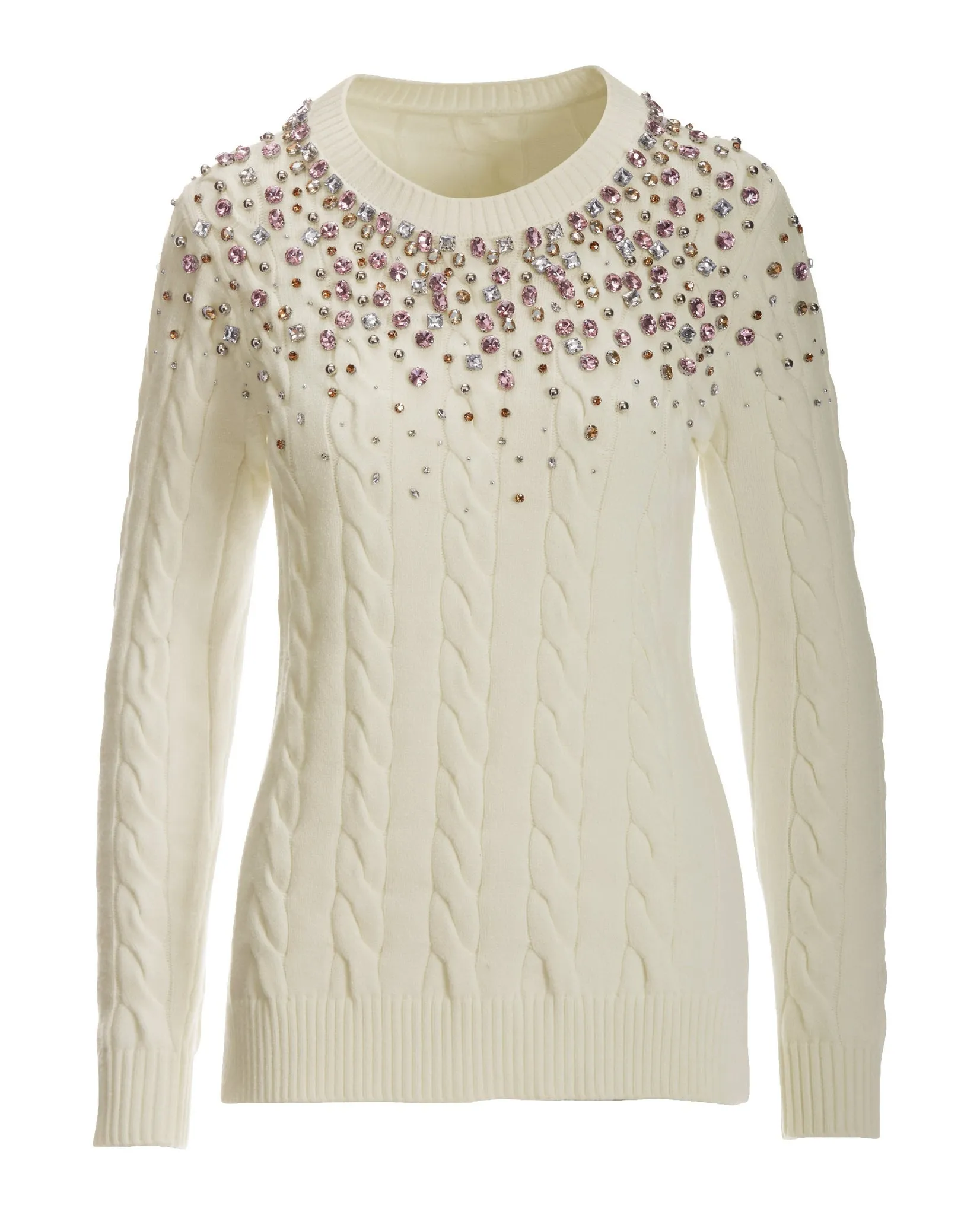 Cable Embellished Crew Neck Sweater Off White Multi sold by Boston Proper product image thumbnail 2