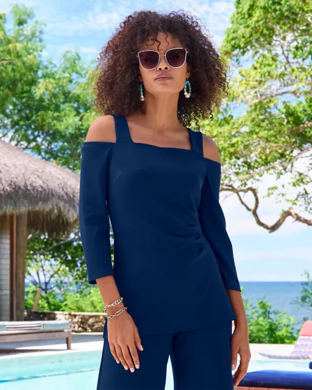 Beyond Travel Cold Shoulder Three Quarter Sleeve Top Maritime Navy sold by Boston Proper