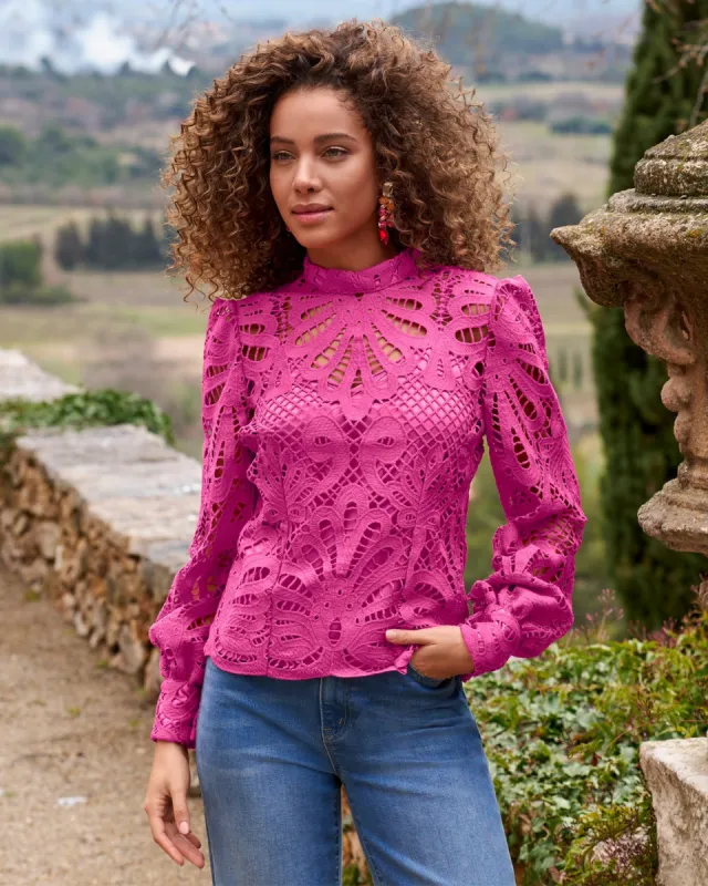 Mock Neck Lace Blouse Raspberry Rose sold by Boston Proper