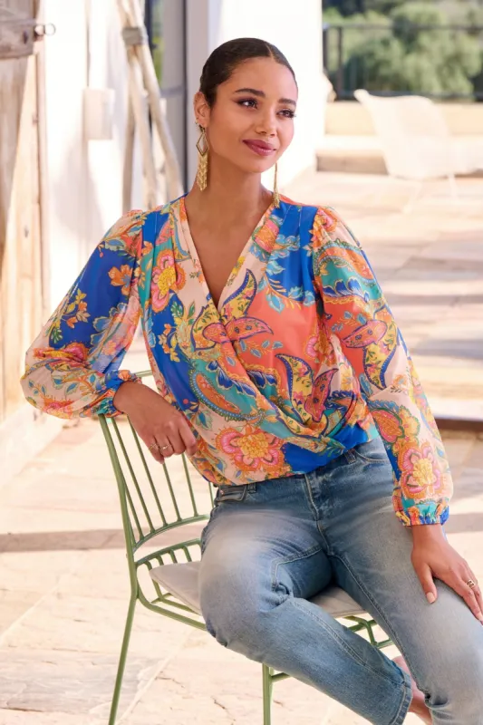 Paisley Mesh Surplice Long-Sleeve Knit Top Multi sold by Boston Proper