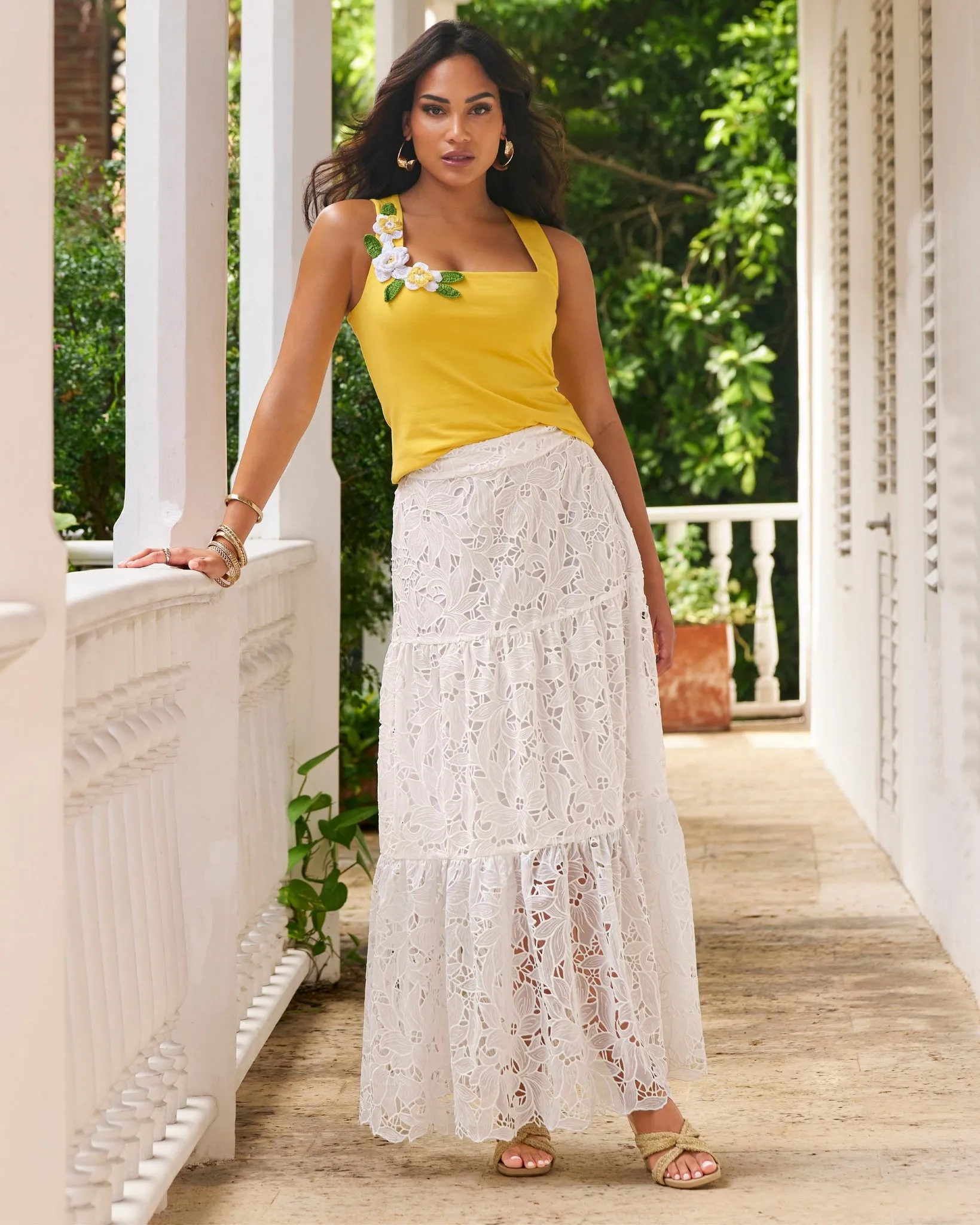 Tiered Lace Midi Skirt White sold by Boston Proper