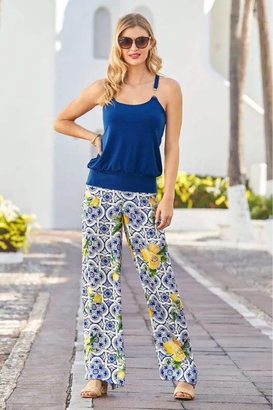 Flora Tiles Flowy Palazzo Pant Blue Multi sold by Boston Proper