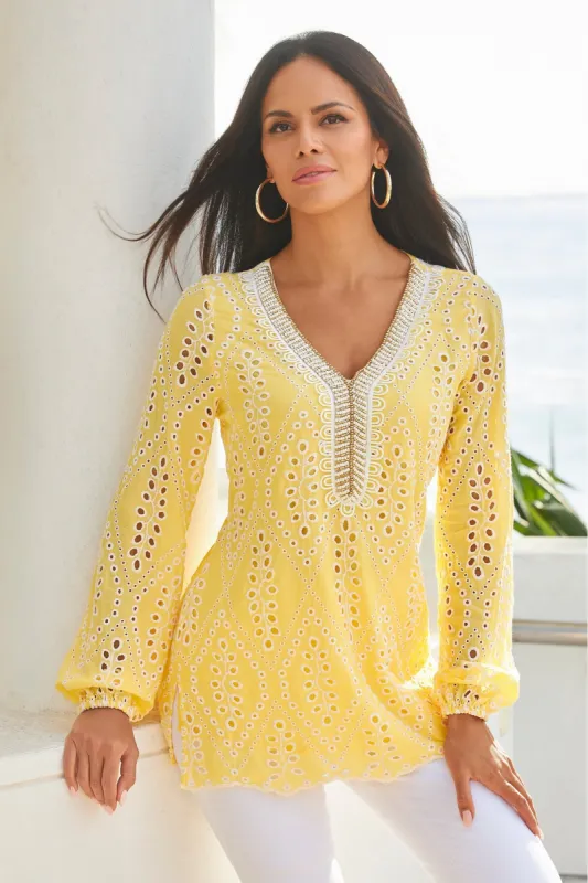 Eyelet Embellished Tunic Top Lemon Drop sold by Boston Proper