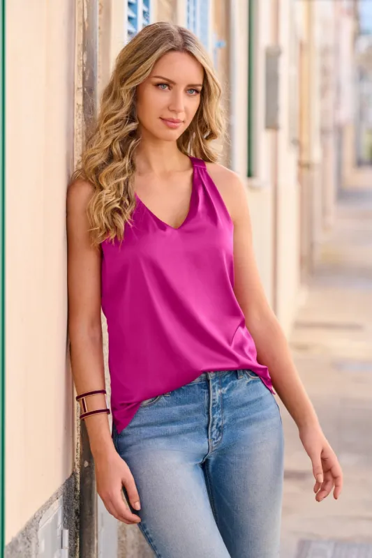 Nikki V-Neck Charmeuse Blouse Fuchsia sold by Boston Proper