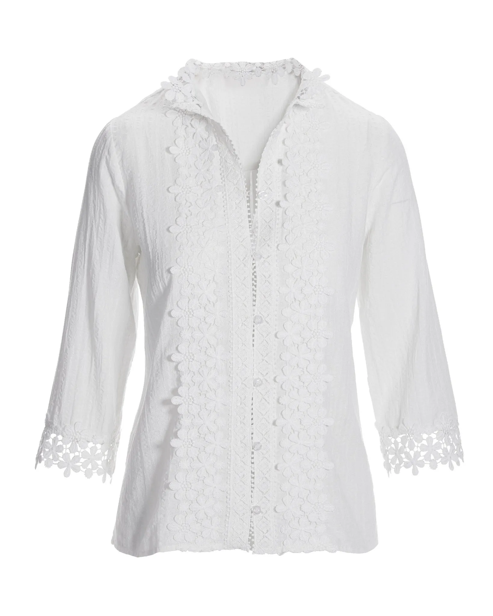 Floral Lace Button Up Cotton Shirt Off White sold by Boston Proper product image thumbnail 2