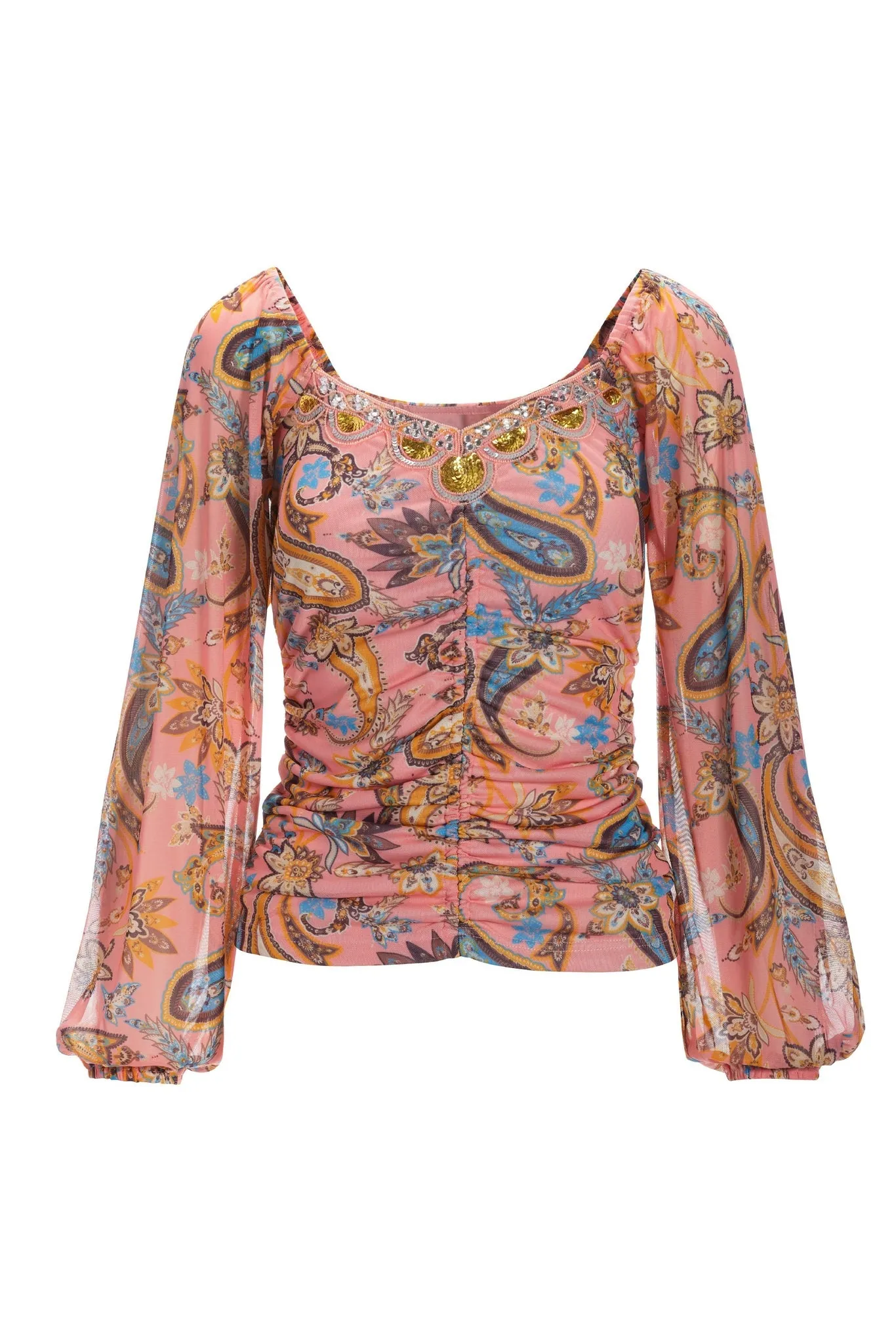 Paisley Mesh Embellished Ruched Top Pink Multi sold by Boston Proper product image thumbnail 2