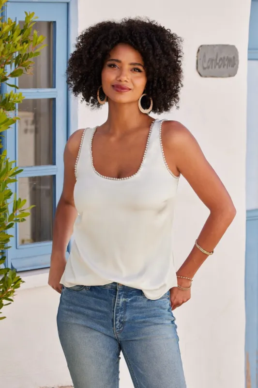 Pearl Trim Scoop Neck Charmeuse Blouse Off White sold by Boston Proper