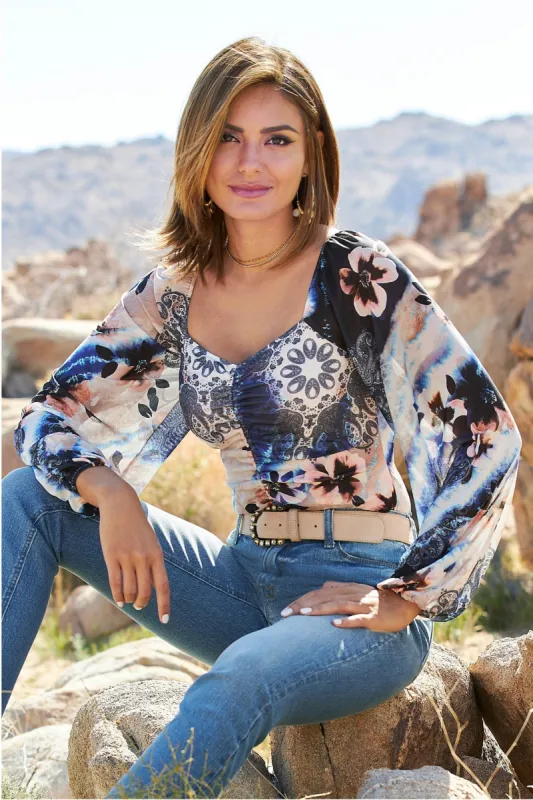 Floral Paisley Ruched Mesh Top Multi sold by Boston Proper