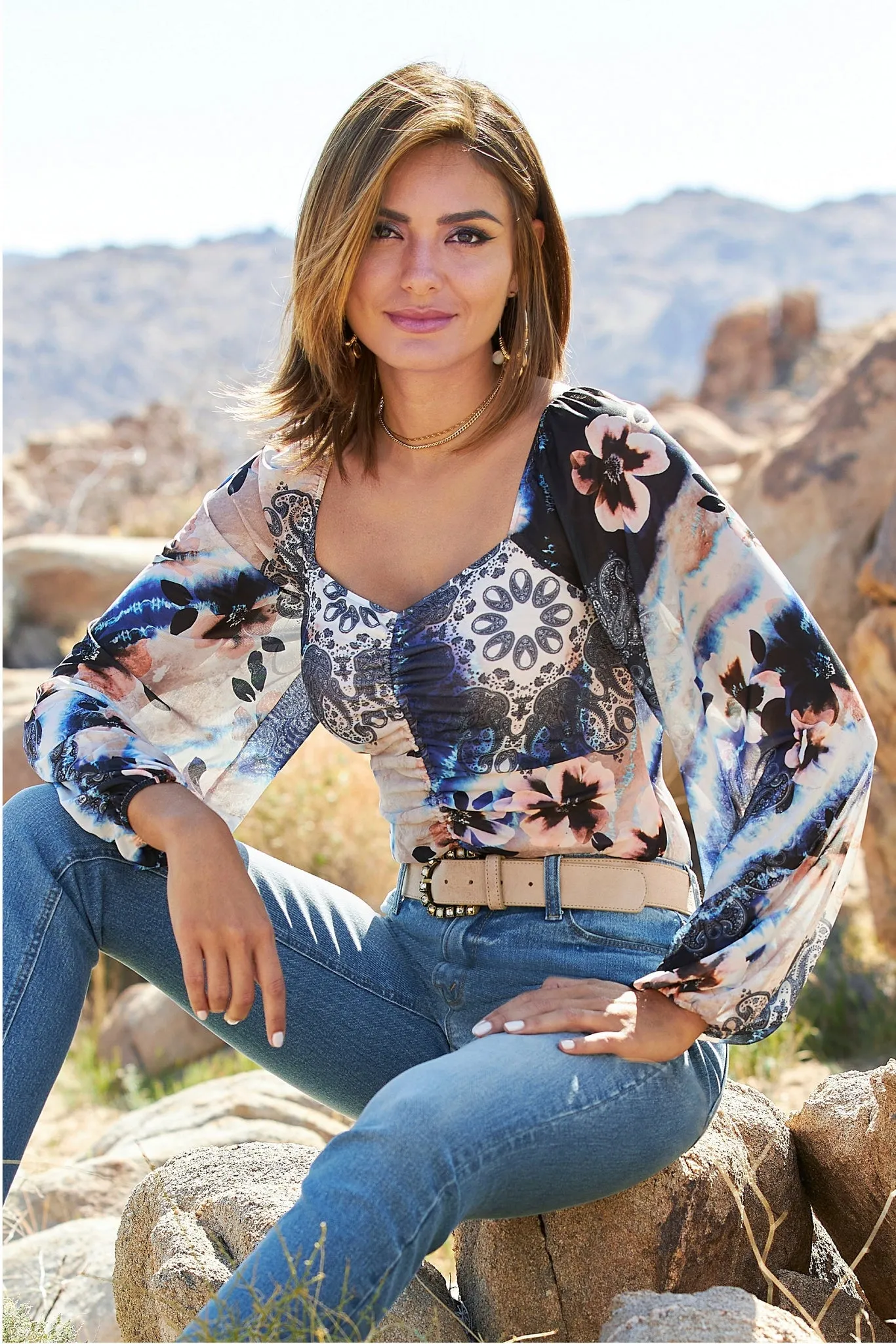 Floral Paisley Ruched Mesh Top Multi sold by Boston Proper