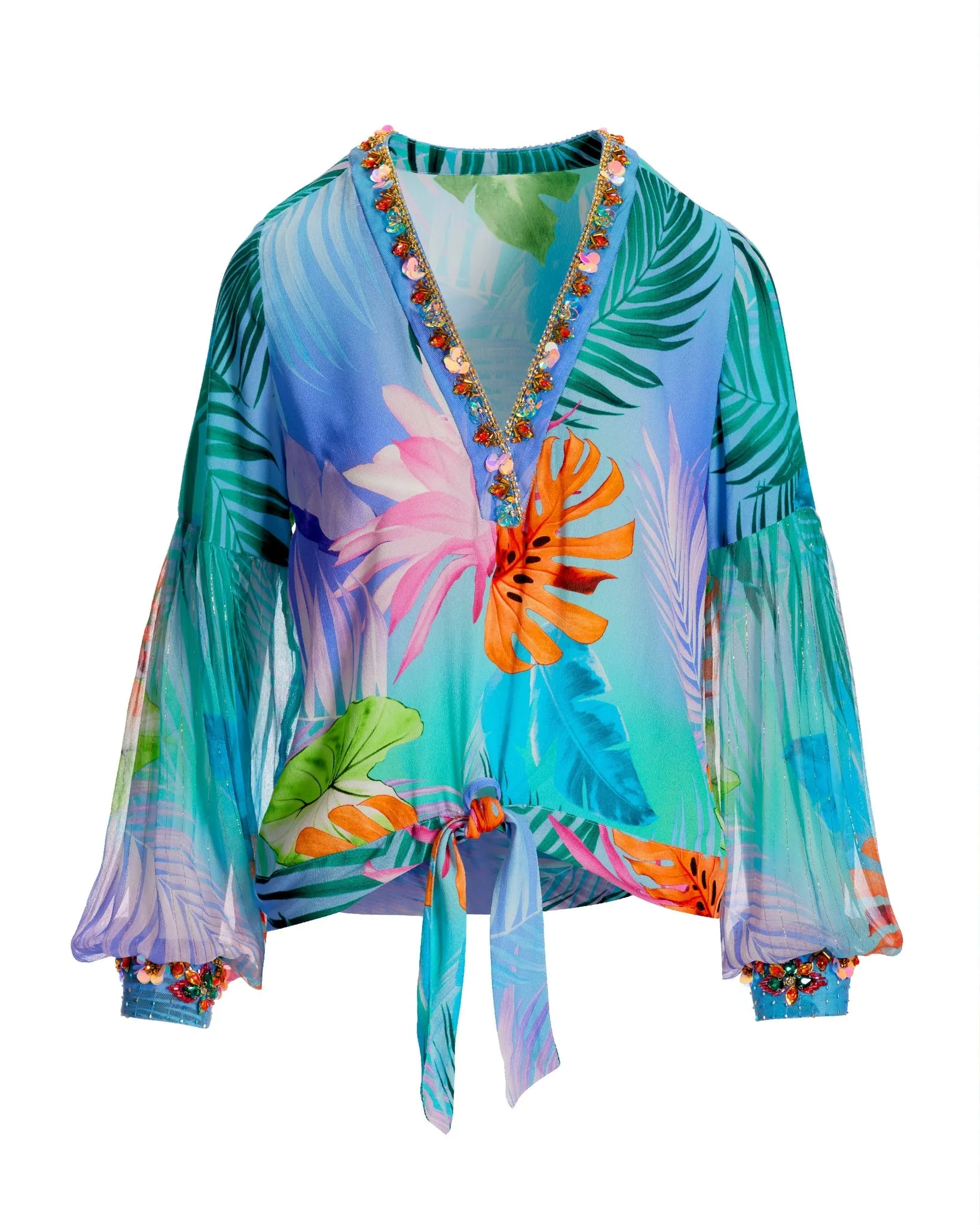 Tropical Summer Print Embellished Tie Front Blouse Blue Multi sold by Boston Proper product image thumbnail 2