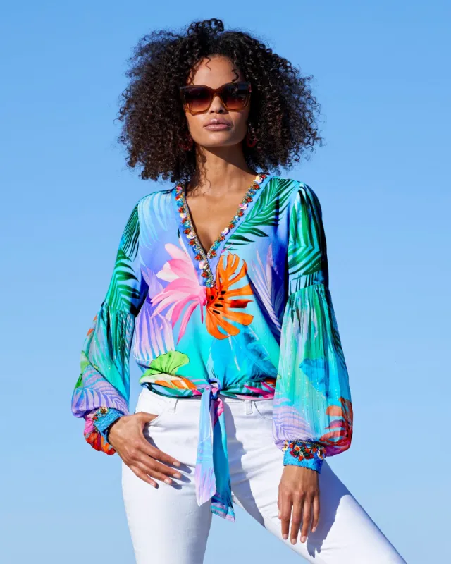 Tropical Summer Print Embellished Tie Front Blouse Blue Multi sold by Boston Proper