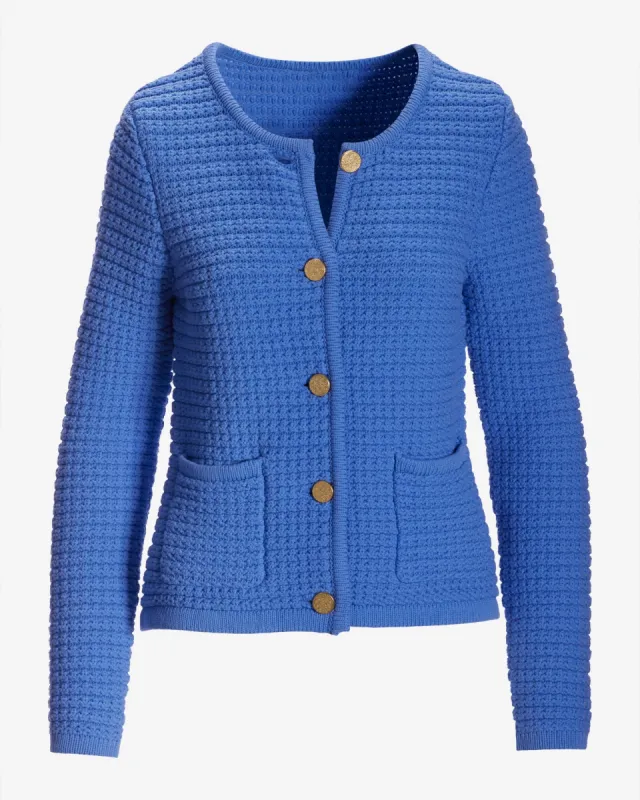 Textured Button Up Lady Cardigan Hydrangea Blue sold by Boston Proper