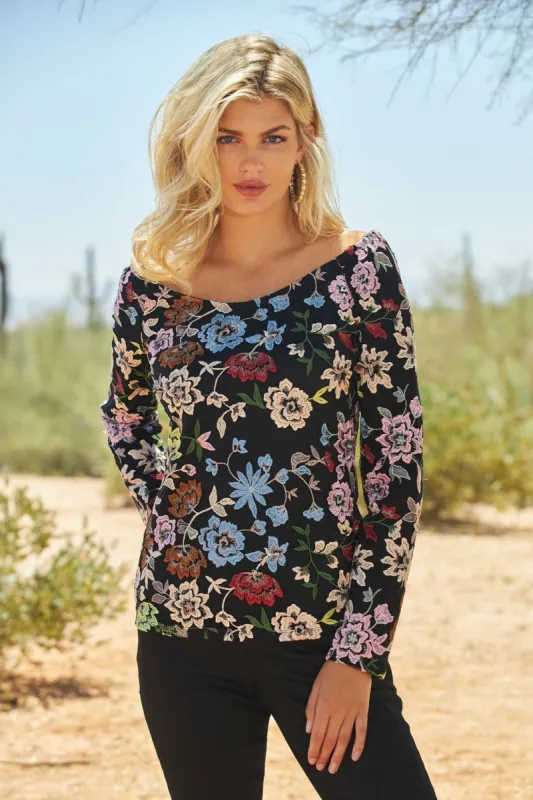 Colorful Floral Lace Top Black Multi sold by Boston Proper