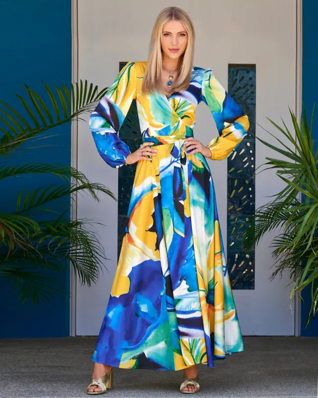 Valencia Florals Print Charmeuse Wrap Maxi Dress Blue/Yellow sold by Boston Proper