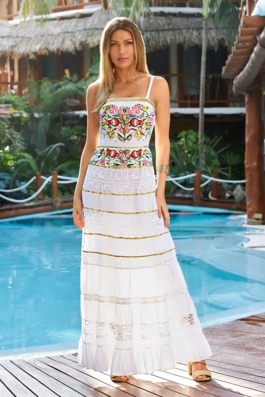 Sequin And Embroidered Lace Inset Maxi Dress White Multi sold by Boston Proper