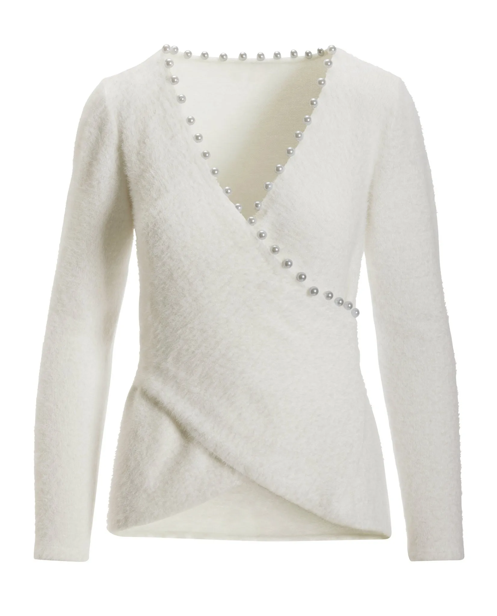 Pearl Trim Plush Surplice Sweater Off White sold by Boston Proper product image thumbnail 2