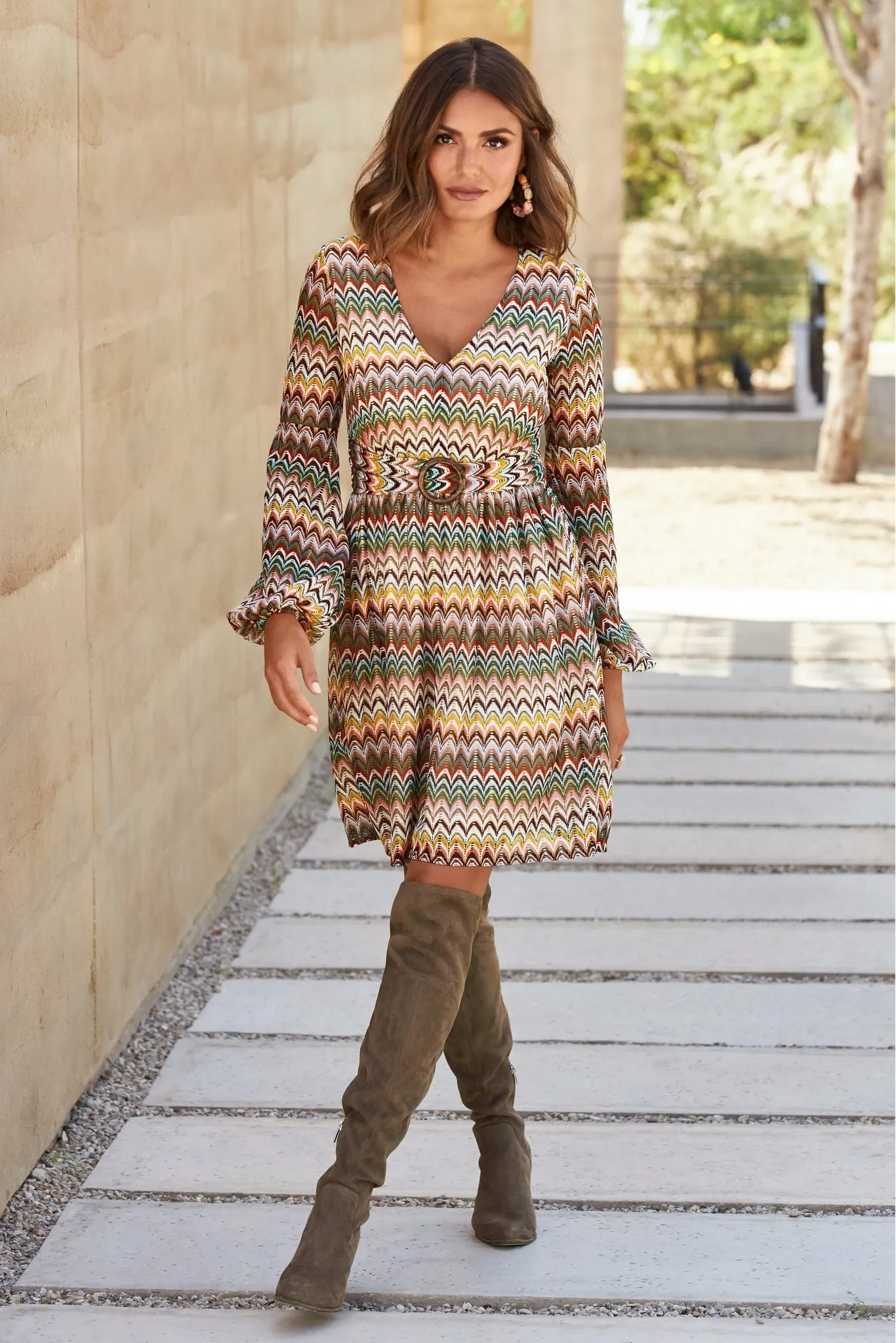 Multicolor Chevron Belted Dress Multi sold by Boston Proper