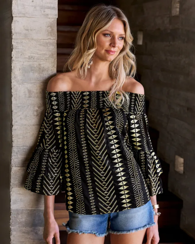 Gold Metallic Patterned Off the Shoulder Tiered Sleeve Blouse Black/Gold sold by Boston Proper