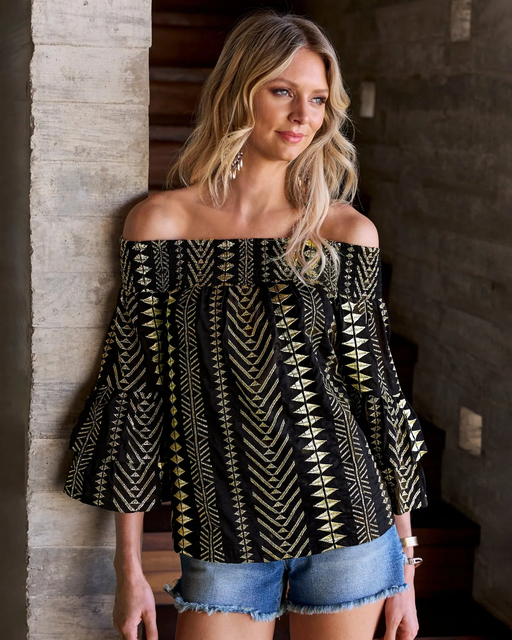 Gold Metallic Patterned Off the Shoulder Tiered Sleeve Blouse Black/Gold sold by Boston Proper