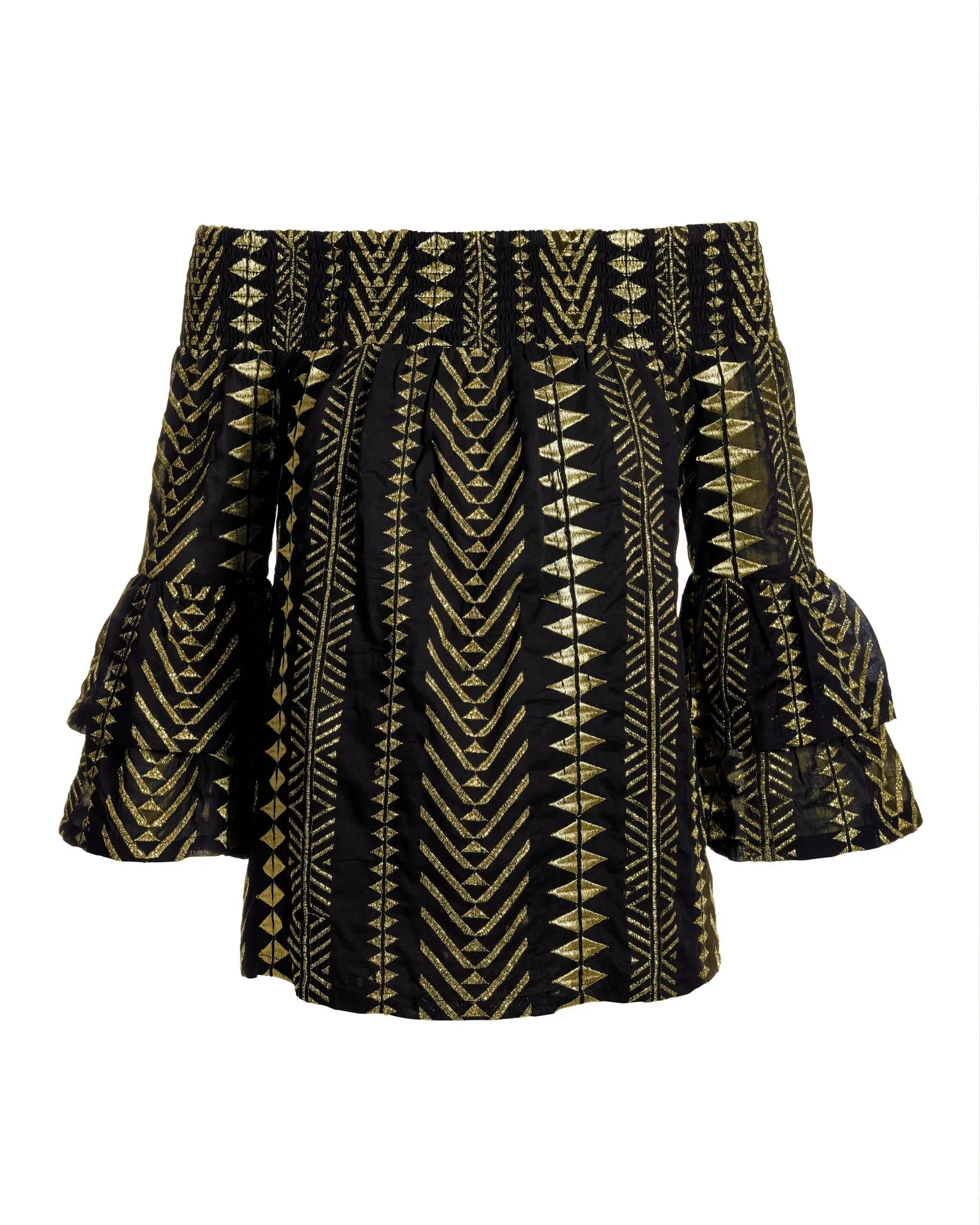 Gold Metallic Patterned Off the Shoulder Tiered Sleeve Blouse Black/Gold sold by Boston Proper product image thumbnail 2