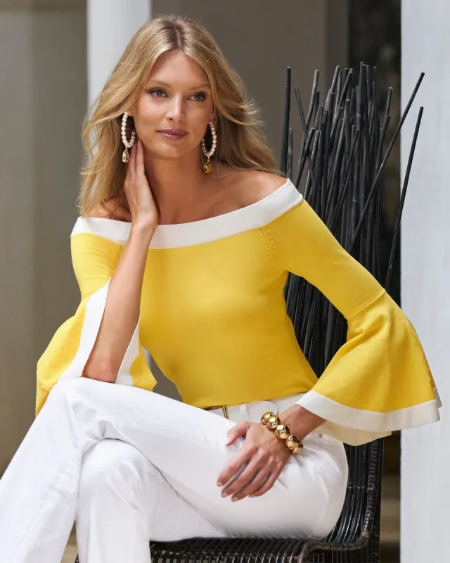 Colorblock Flare Sleeve Sweater Yellow/White sold by Boston Proper