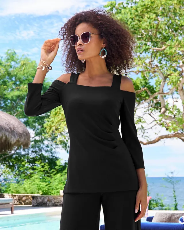 Beyond Travel Cold Shoulder Three Quarter Sleeve Top Jet Black sold by Boston Proper