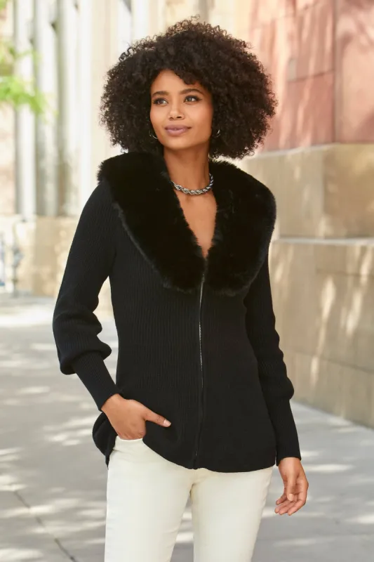 Faux Fur Balloon Sleeve A Line Zip Up Cardigan Black sold by Boston Proper