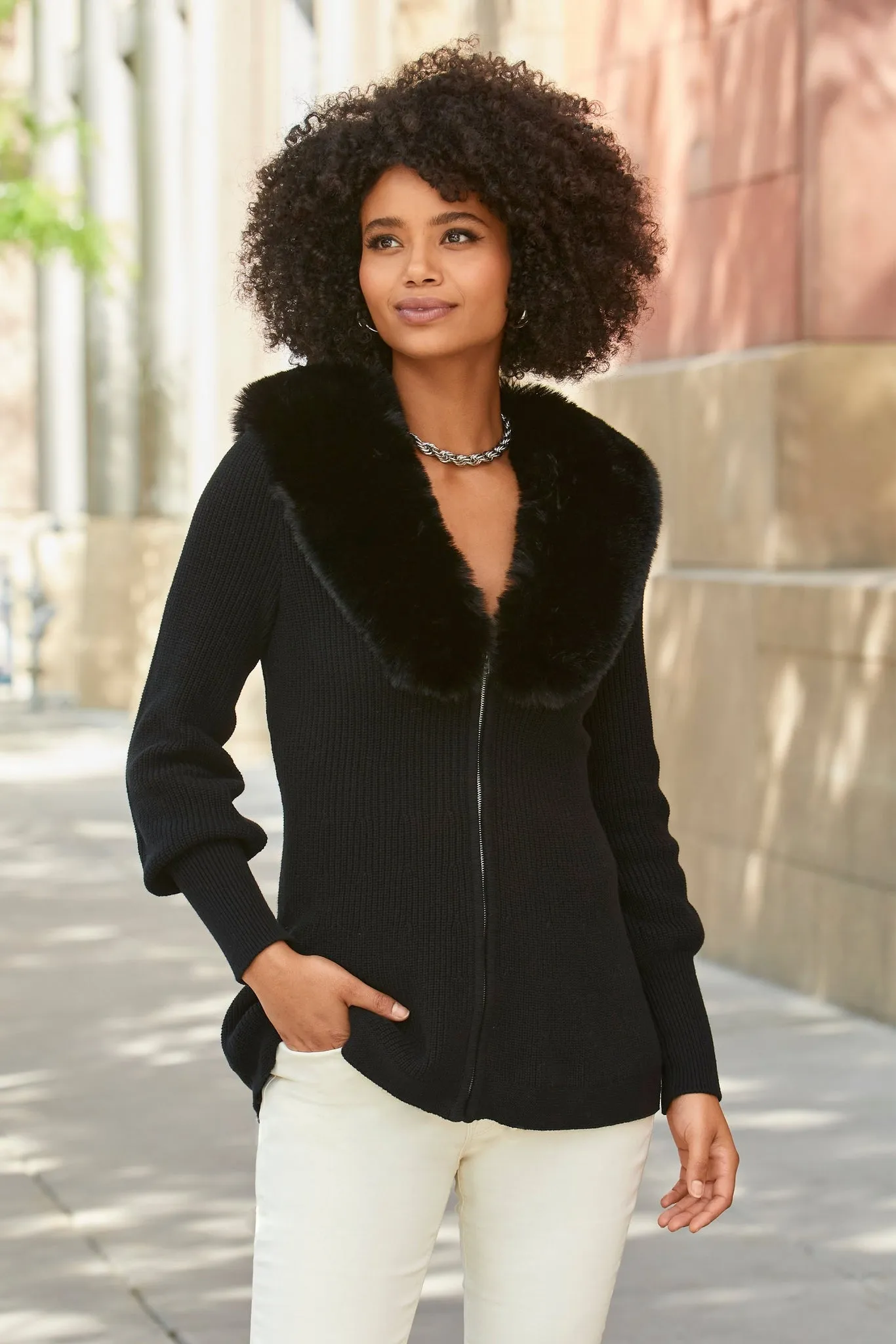 Faux Fur Balloon Sleeve A Line Zip Up Cardigan Black sold by Boston Proper