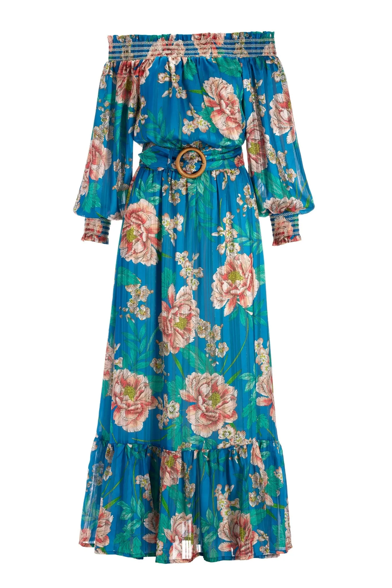 Floral Blooms Off The Shoulder Belted Maxi Dress Blue Multi sold by Boston Proper product image thumbnail 2