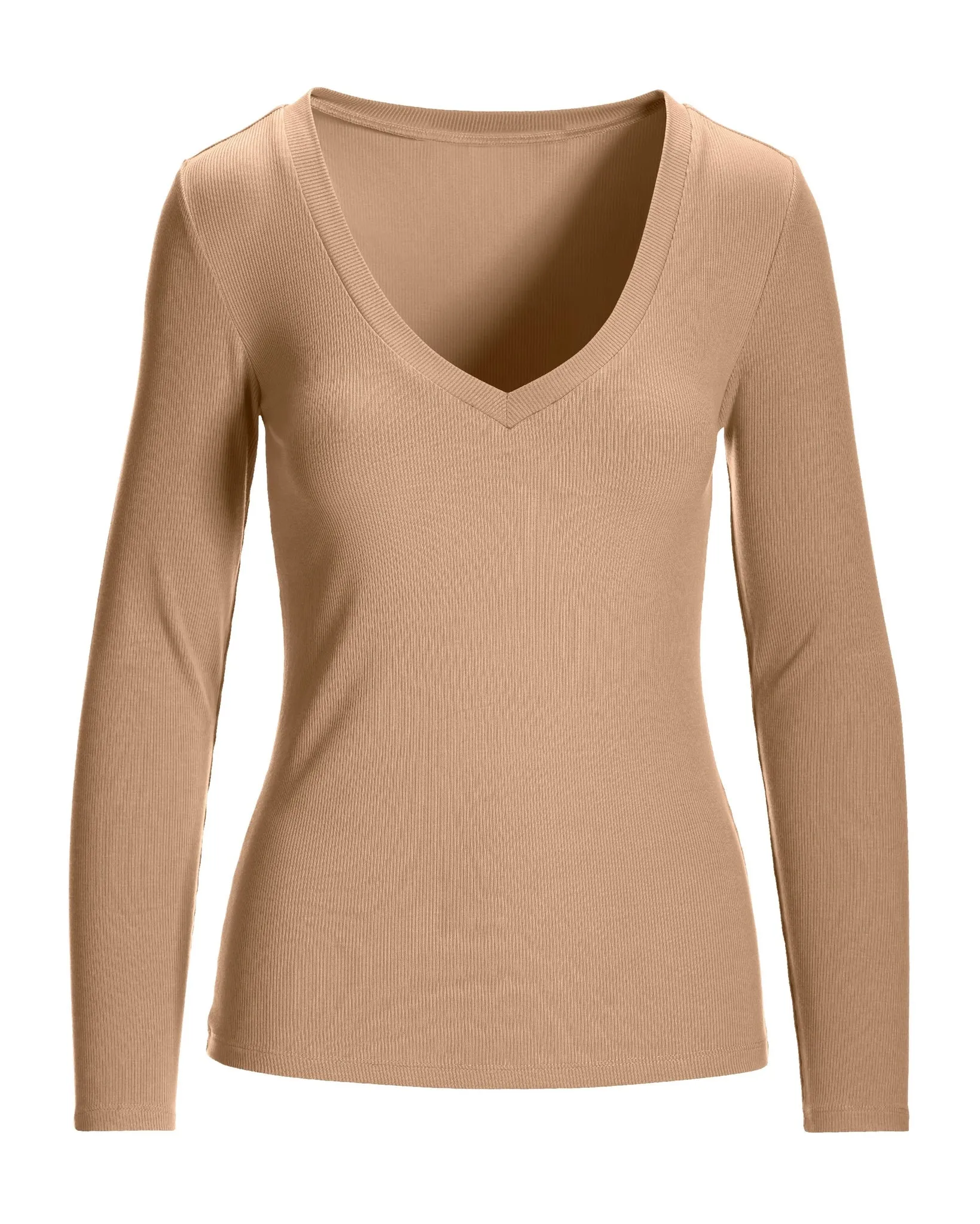 So Essential Ribbed V Neck Long Sleeve Top Sesame sold by Boston Proper product image thumbnail 2
